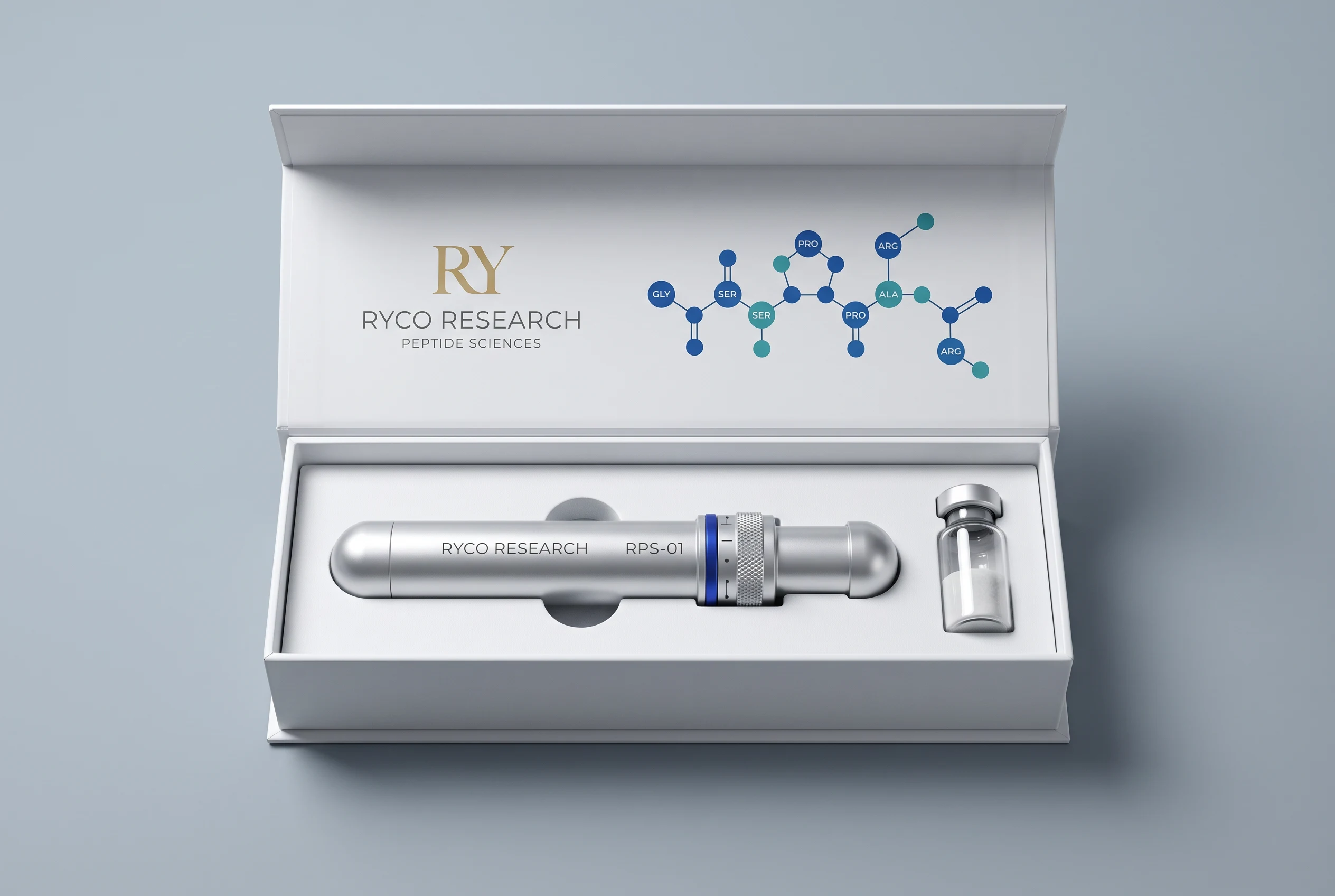 Open Ryco Research presentation box containing a laboratory dispensing instrument and peptide vial